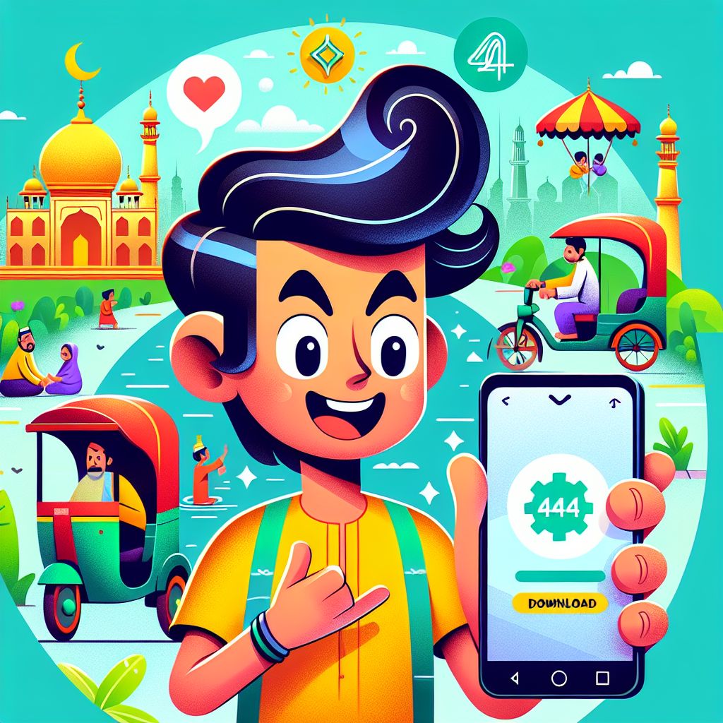 444Taka অ্যাপ স্ক্রিনসহ কার্টুন এন্ড্রয়েড ফোন এবং বাংলাদেশের শহরের পটভূমি