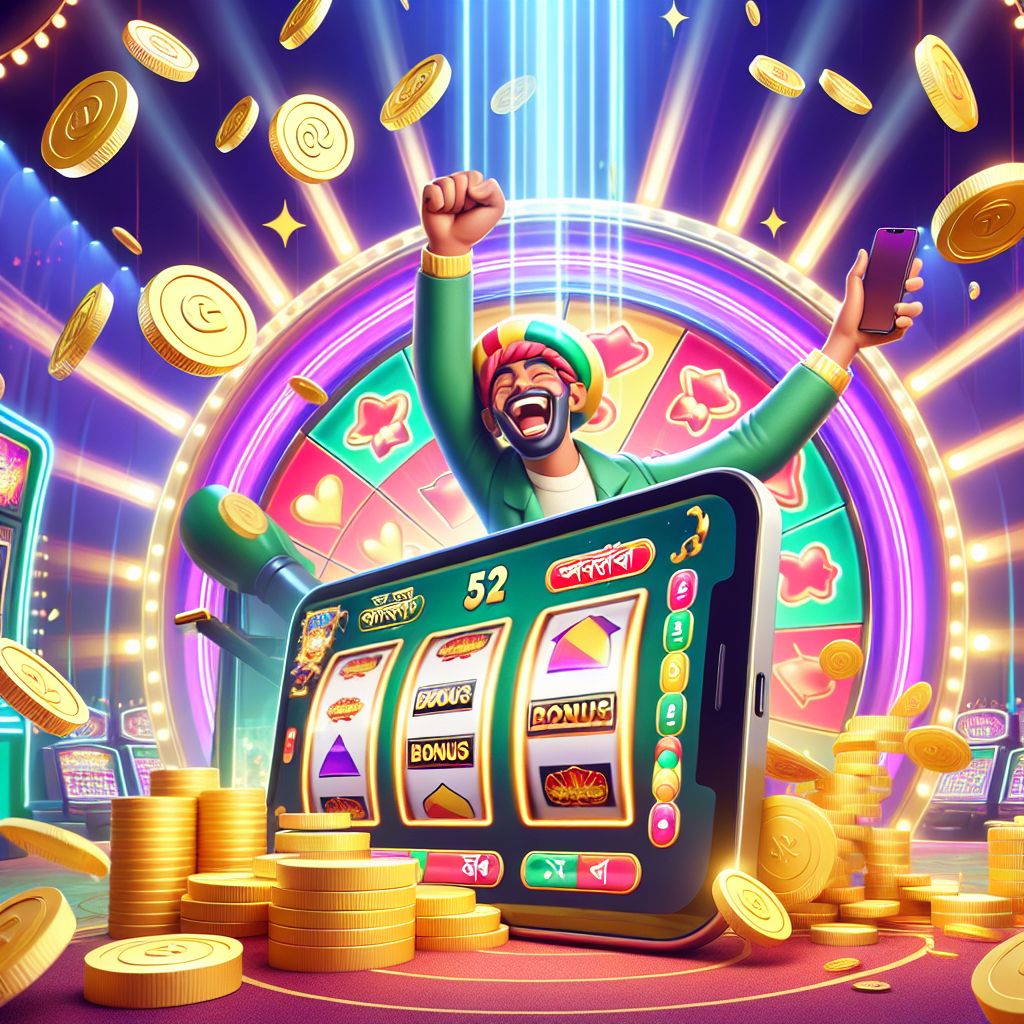 Cartoon slot player with spinning reels, coins, and bonus symbols in a Bangladesh-themed casino vibe